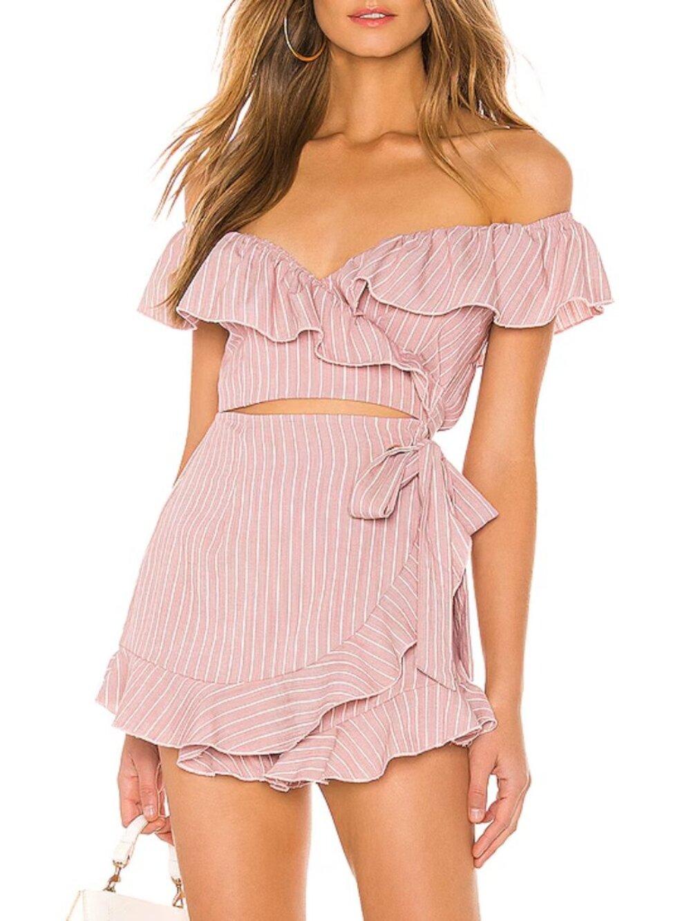 Superdown Angela Wrap Tie Ruffle Hem Romper Mauve Pink Stripe